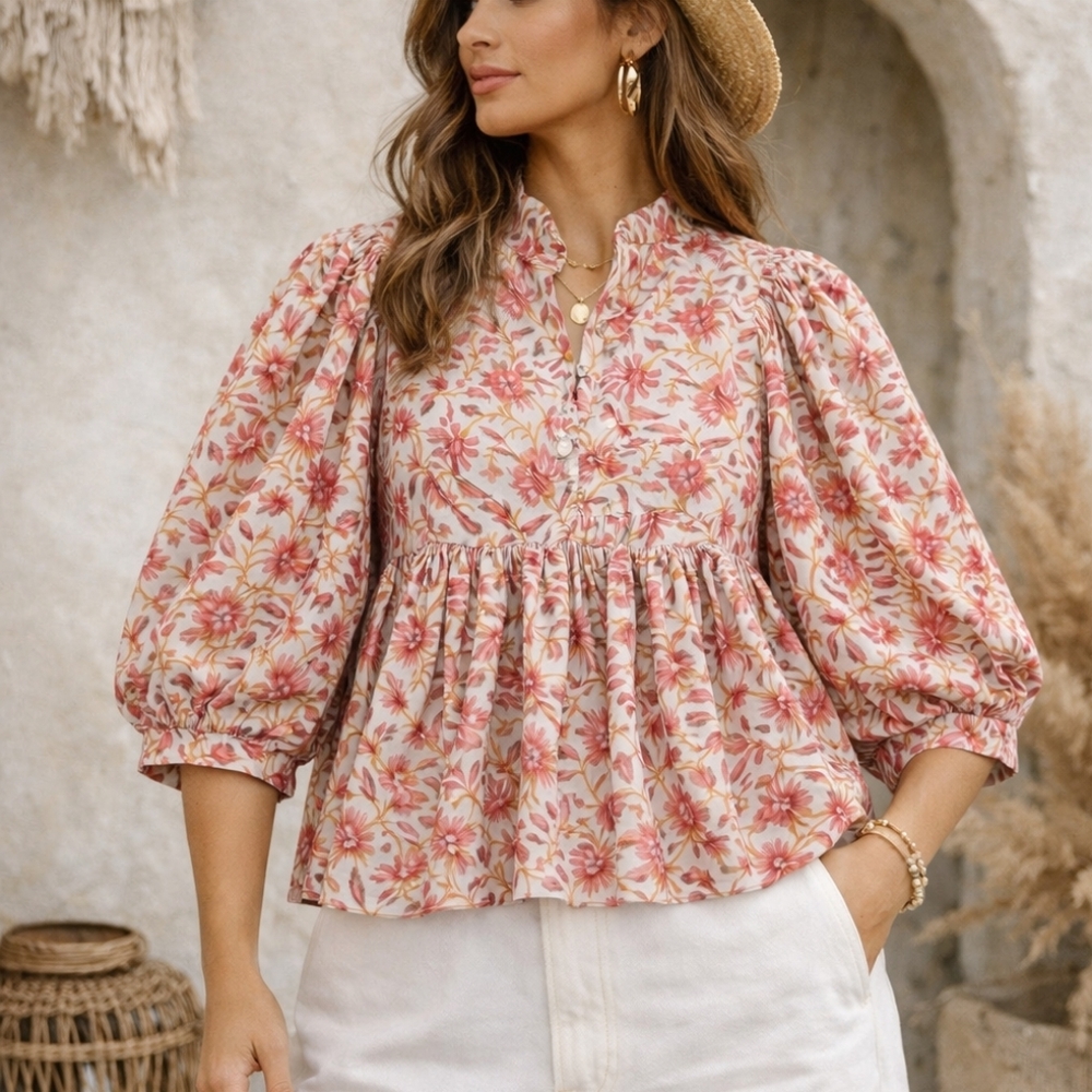 Sur La Vague SLV OG Puff Sleeve Flowy Ruffle Neck Floral Blouse Small